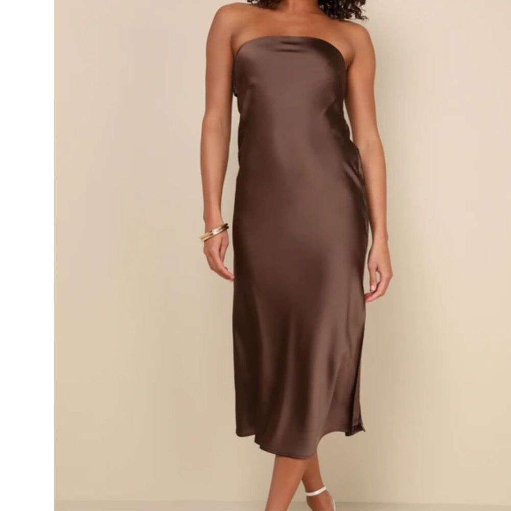 Lulus Effortless Bliss Dark Brown Satin Strapless Cowl Back Midi Dress M Autumn